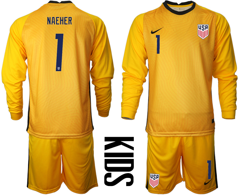 Youth 2020-2021 Season National team United States goalkeeper Long sleeve yellow #1 Soccer Jersey